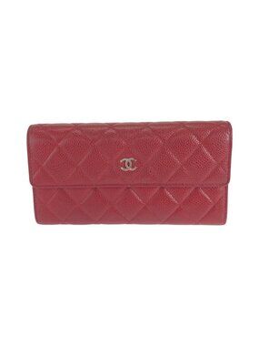 Chanel Quilted CC Logo Red Silver Caviar Leather Wallet